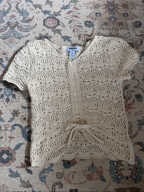 RSQ Cream Crochet V-Neck Short Sleeve Knit Top with Front Tie